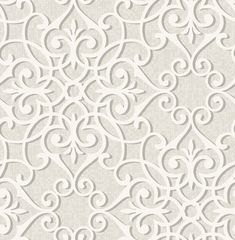 a white and gray wallpaper with swirls on the side, in an ornate pattern