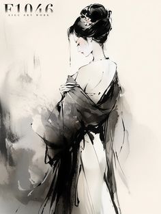 a drawing of a woman in black and white