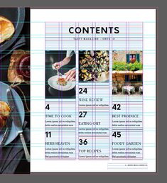 the contents of a magazine are displayed with food