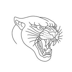 a black and white drawing of a tiger's head with its mouth open, showing teeth