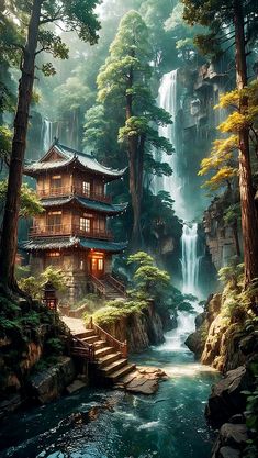 Buildings Painting, Samurai Concept, Clip Art Frames Borders, Asian Landscape, Japan Landscape, Japanese Temple, Jungle Art, Dreamy Artwork, Cool Pixel Art