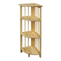 the corner shelf is made from wood and has three shelves on each side, with one section