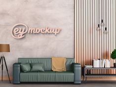 a living room with a couch and lamp next to a wall that says gly mockup