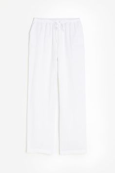 Pants in airy  woven linen fabric. High waist  drawstring waistband  and side-seam pockets. Straight legs. Linin Pants, White Beach Pants, Linen Pants White, White Cotton Pants, Loungewear Pants, Thrift Inspo, Linen Drawstring Pants, White Linen Pants, Wide Leg Linen Pants