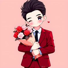 a man in a red suit holding flowers and looking at the camera with his hand on his chest