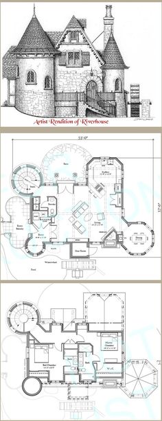 the plans and elevations for an old style house with two floors, three levels