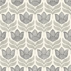 a gray and white wallpaper pattern with leaves on it, in shades of grey