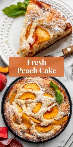 fresh peach cake with powdered sugar on top and sliced fruit in the back ground