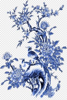 blue flowers and birds on a branch in the sky, with one bird sitting on top of