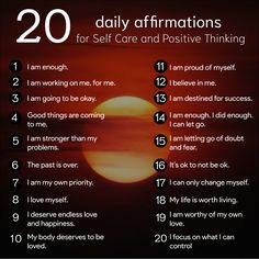 a poster with the words 20 daily affirmations for self care and positive thinking