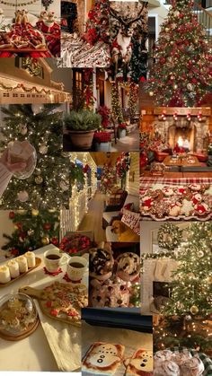 a collage of pictures with christmas trees, cookies and desserts on display in front of a fireplace