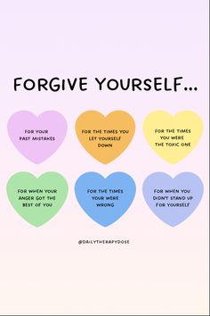 a poster with the words forgive yourself written in different colors and shapes on it