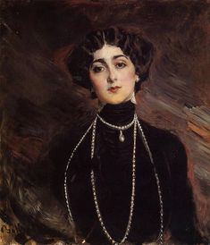 a painting of a woman wearing a black dress with pearls on her neck and necklace