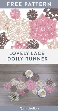 the crocheted doily runner is shown with two cups of coffee on it