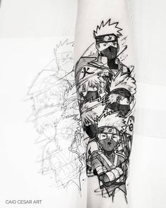 a black and white photo of an arm with anime characters on it, in the middle of