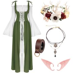 PRICES MAY VARY. 【Renaissance Dress Accessories Set】: This set includes 6 gorgeous accessories perfect for renaissance dresses. It features 2 wide ruffled dresses, a stunning flower crown, a pair of elf ears, a stylish layered necklace, and a high-quality leather belt. With this complete medieval women's costume and accessories set, you'll have everything you need to create a truly authentic and stunning look. 【High Quality Fabric】: Our Renaissance ruffle dresses are made of soft, breathable pol Medieval Fairy Costume, Ren Fair Accessories, Lotr Birthday, Medieval Costume Women, Dresses Medieval, Viking Outfit, Style Collages, Peasant Costume, Ruffled Dresses