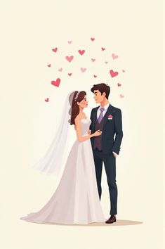 a bride and groom standing next to each other with hearts coming out of the background