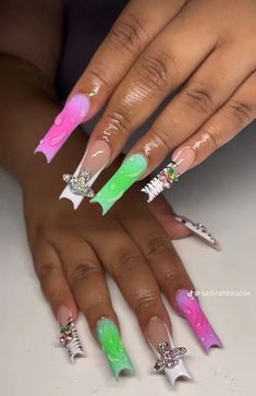 Nails With Spaceship Charm, Colorful Nails Black Women, Creative Acrylic Nail Designs, Lsd Nails, Dramatic Nails, Nails Black Women, Nail Designs Acrylic, Acrylic Toe Nails