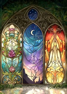 three stained glass windows with flowers and trees in them, one is reflecting the sky