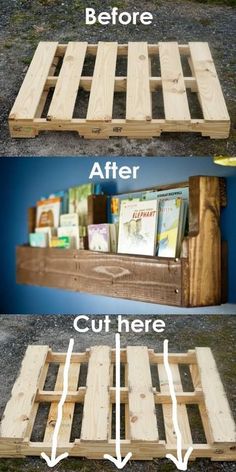 the steps to make a pallet book shelf out of wood and some other things