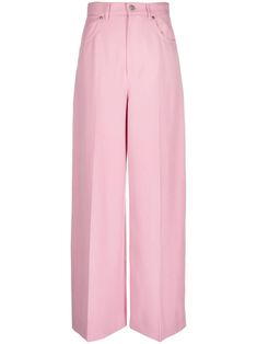 rose pink wool high-waisted belt loops pressed crease front button fastening two side inset pockets silver-tone hardware straight leg classic five pockets Versace Outfit, Yoko London, City Dress, Wool Trousers, Summer Beach Wear, Ballet Flat Shoes, Tailored Trousers, Ski Wear, Lady Dior