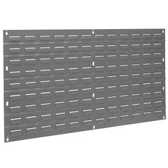 a gray metal wall panel with holes and bars on the side, isolated against a white background