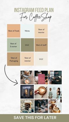 the instagramm feed plan for coffee shop is shown in several different colors and sizes