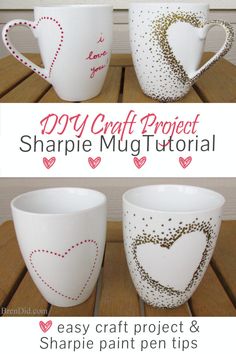 three coffee mugs with hearts painted on them and the words diy craft project