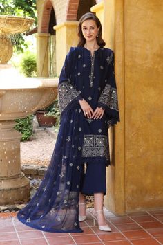 Bareeze BNL1998-Navy-Blu Embroidered Eid Casual Collection Pakistani Style, Indian Designer Suits, Hijab Outfits, Fashion Hub, Summer Suits, Suit Fabric, Clothes Women, Suit Designs, Indian Designer