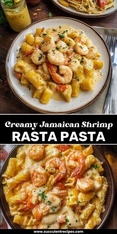 two plates with pasta and shrimp on them