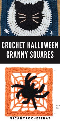 crochet halloween granny squares with text overlay