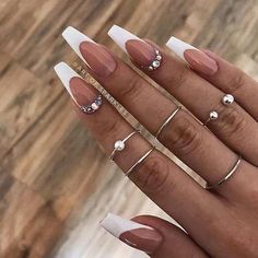 Coffin Nails with White Tips coffinnails French tip acrylic nails Chrome Coffin, Coffin French, Coffin Design, Chrome French, Chrome Pink, Jade Nails, Acrylic French, White Tip Nails, Brown French