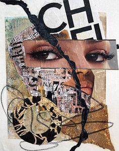 a collage with an image of a woman's face and words on it