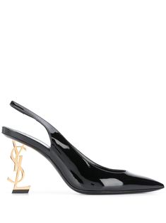 black/gold-tone leather signature YSL logo plaque branded insole high-shine finish pointed toe slingback strap high heel Black Outfits, Luxury Wishlist, Ysl Heels, Ysl Logo, Ysl Shoes, Leather Boot Shoes, Patent Leather Shoes, Black Leather Heels, Socks And Sandals