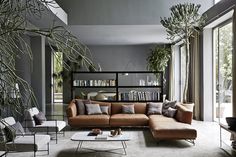 a living room filled with lots of furniture next to a tall plant in the corner