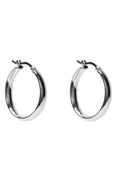 Whether made from sterling silver or sterling silver plated in 18-karat gold, these high-shine hoop earrings are the perfect accessories to take your look to the next level. 1" hoop diameter; 1/4" width Snap-post closure Sterling silver or sterling silver/18k-gold plate Imported Sterling Silver Hoop Earrings, Fabric Gift Bags, Sterling Silver Hoops, Keep Jewelry, Silver Hoops, Silver Hoop Earrings, Print Gifts, Next Level, Silver Plate