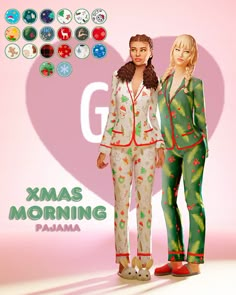 two women in pajamas standing next to each other with the letter g on their chest