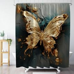 a gold butterfly shower curtain hanging on a bathroom wall next to a white bath tub