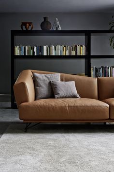 a tan leather couch with two pillows on it in front of a book shelf filled with books