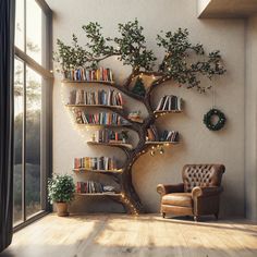 a living room with a tree shaped book shelf next to a chair and potted plant