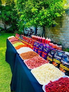 many different types of food are on display at the outdoor buffet table in front of a brick wall