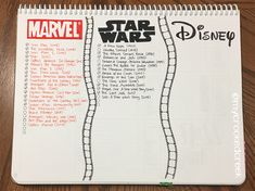 a spiral - bound notebook with the names of characters from disney's star wars