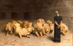 a woman standing in front of a group of lions with one lion looking at the other