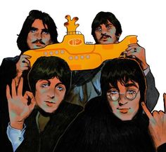 the beatles are holding up a yellow submarine in front of their heads and fingers,