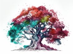 a colorful tree with lots of leaves on it's trunk and branches, painted in different colors