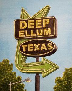 a painting of a deep elum sign with trees in the background