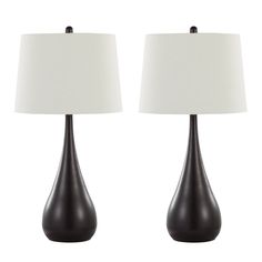 two black lamps with white shades on each lamp and one is turned off to the side