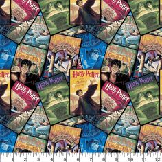 harry potter fabric with images of hermi and hermi's books on it