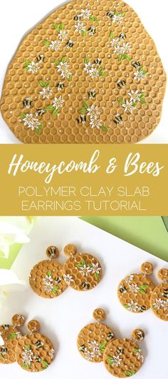 honeycomb and bees polymer clay bead earrings with text overlay that says honeycomb and bees polymer clay bead earrings