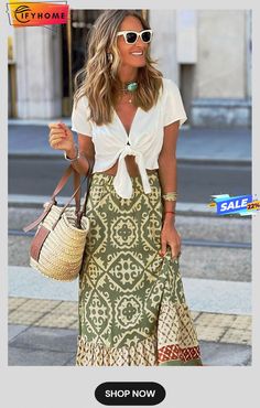 Green Boho Patchwork Pattern A-line Maxi Skirt Summer Styles, Patchwork, Boho Patchwork, Aloha Print, Tiered Midi Skirt, Styles Women, Boho Green, Patchwork Patterns, Women's Summer Fashion